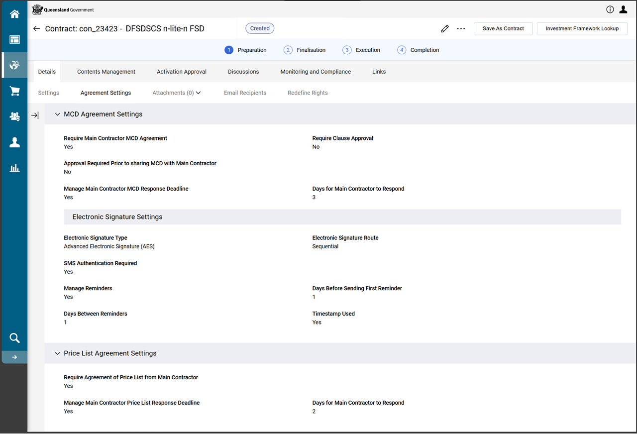 the Agreement Settings page with all possible fields showing in the sections.